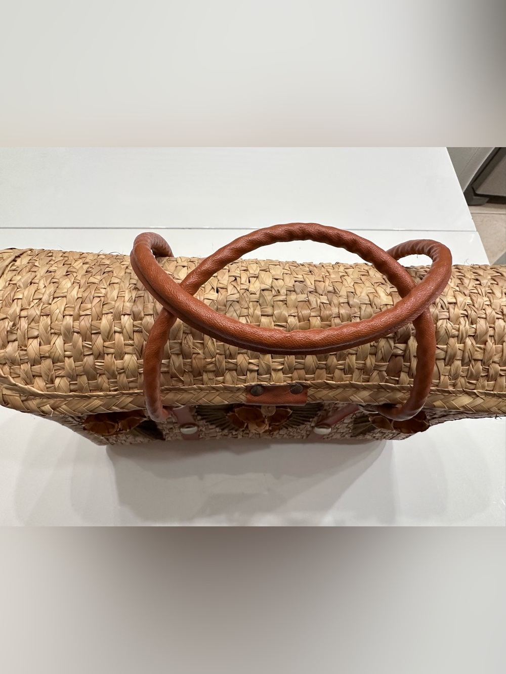 Vintage 70s Mexican Straw Woven Basket Purse Floral Raffia Boho Box Bag - Picture 6 of 15